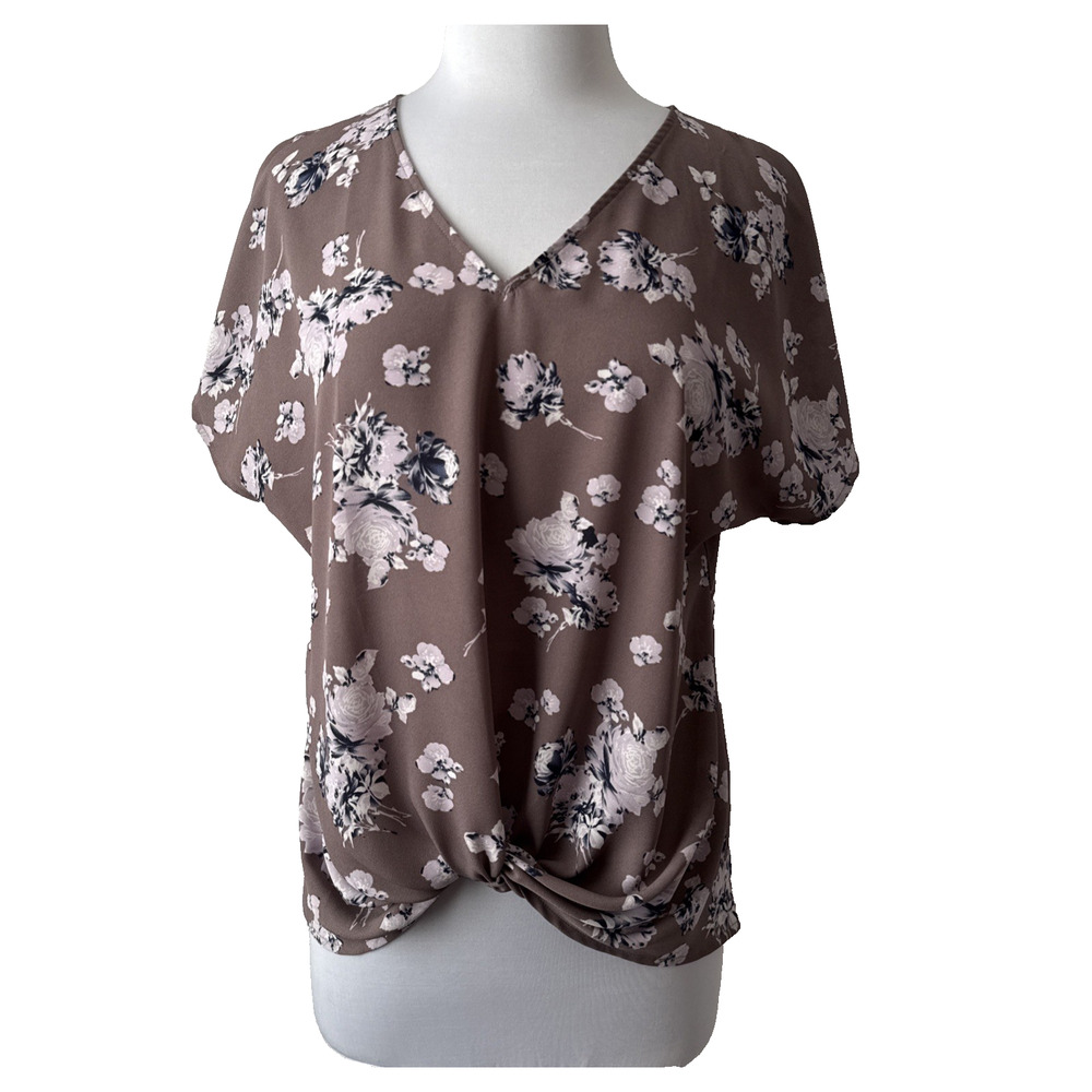 West Kei Chiffon Purple Floral Twist Front Blouse Women's M Hi Lo Cottagecore